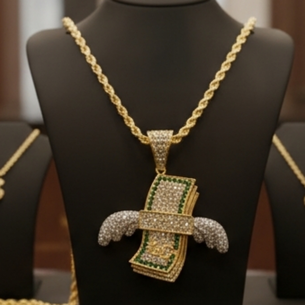 18K Gold Micropave Flying Cash Pendant & Chain